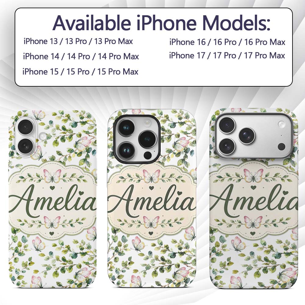 Watercolor Butterflies and Green Leaves on Soft Custom Name Protective Phone Case Mobile Cover Durable Everyday Smartphone Shock Resistant