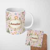 Personalized Custom Name Woodland Deer Owl Mushrooms and Stars on Blush Pink Seamless 11oz Ceramic Coffee Tea Mug White Large Handle