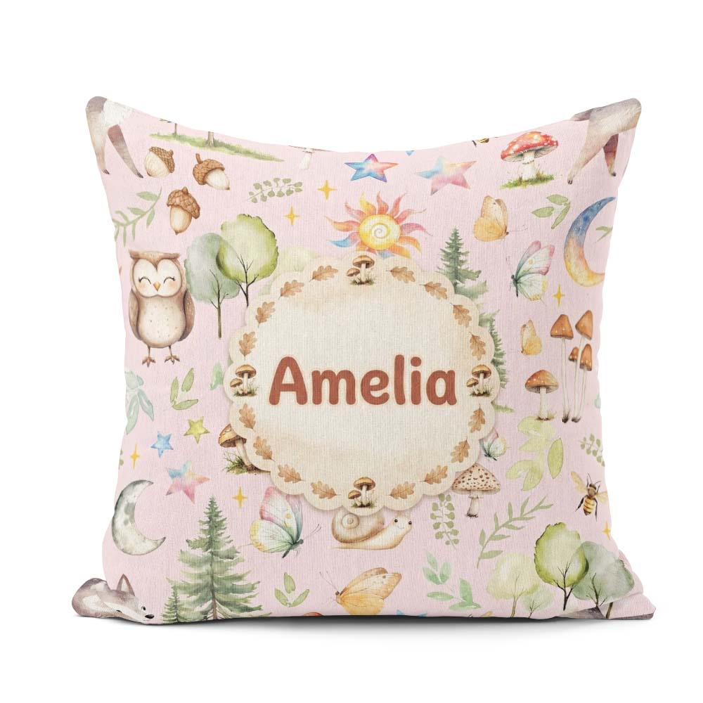 Custom Name Woodland Deer Owl Mushrooms and Stars on Blush Pink Square Filled Cushion Throw Pillow Sofa Bed Home Decor Zip Washable UK Made
