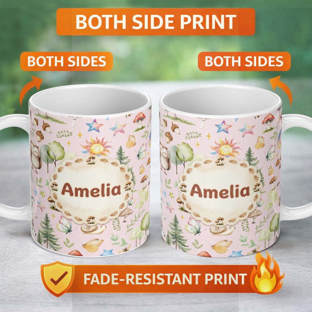Personalized Custom Name Woodland Deer Owl Mushrooms and Stars on Blush Pink Seamless 11oz Ceramic Coffee Tea Mug White Large Handle