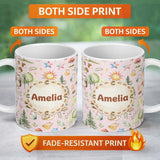 Personalized Custom Name Woodland Deer Owl Mushrooms and Stars on Blush Pink Seamless 11oz Ceramic Coffee Tea Mug White Large Handle