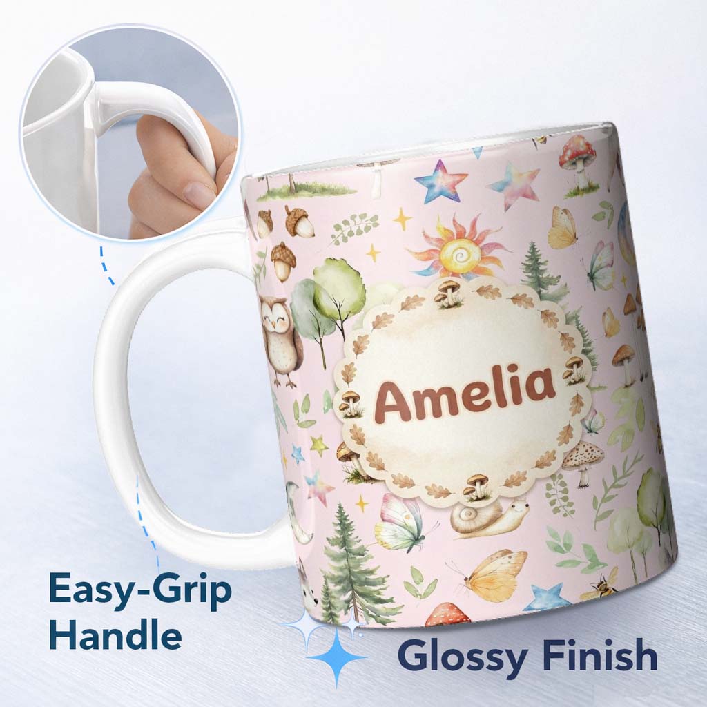 Personalized Custom Name Woodland Deer Owl Mushrooms and Stars on Blush Pink Seamless 11oz Ceramic Coffee Tea Mug White Large Handle