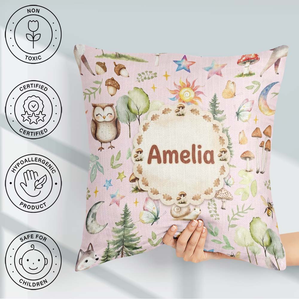 Custom Name Woodland Deer Owl Mushrooms and Stars on Blush Pink Square Filled Cushion Throw Pillow Sofa Bed Home Decor Zip Washable UK Made