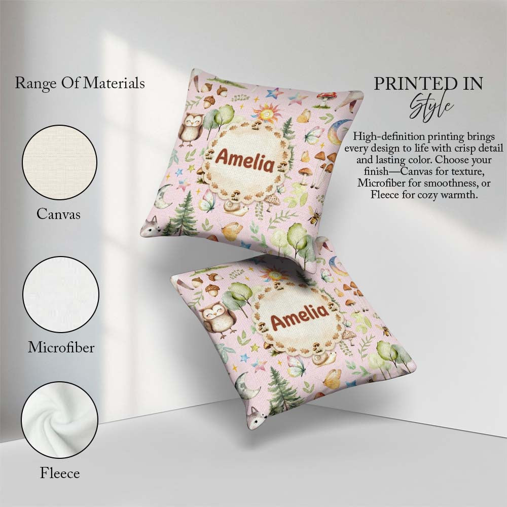 Custom Name Woodland Deer Owl Mushrooms and Stars on Blush Pink Square Filled Cushion Throw Pillow Sofa Bed Home Decor Zip Washable UK Made