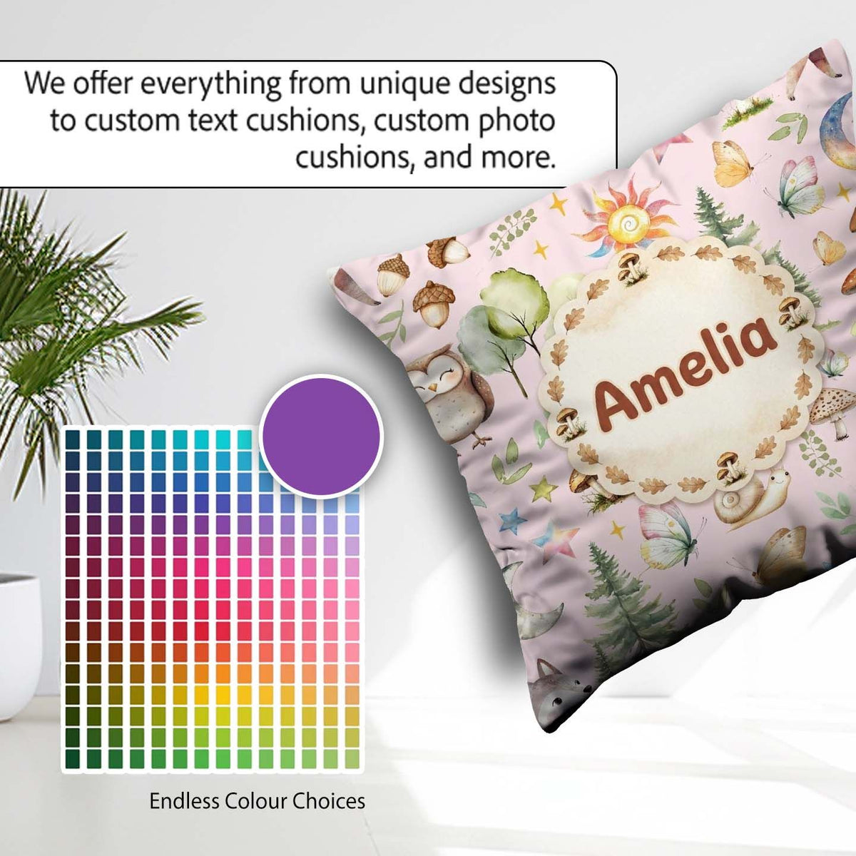 Custom Name Woodland Deer Owl Mushrooms and Stars on Blush Pink Square Filled Cushion Throw Pillow Sofa Bed Home Decor Zip Washable UK Made