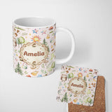 Personalized Custom Name Woodland Deer Owl Mushrooms and Stars on Soft Pink Seamless Pattern 11oz Ceramic Coffee Tea Mug White Large Handle