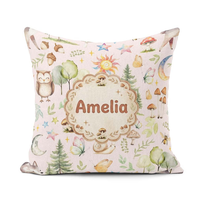 Custom Name Woodland Deer Owl Mushrooms and on Soft Pink Pattern Square Filled Cushion Throw Pillow Sofa Bed Home Decor Zip Washable UK Made