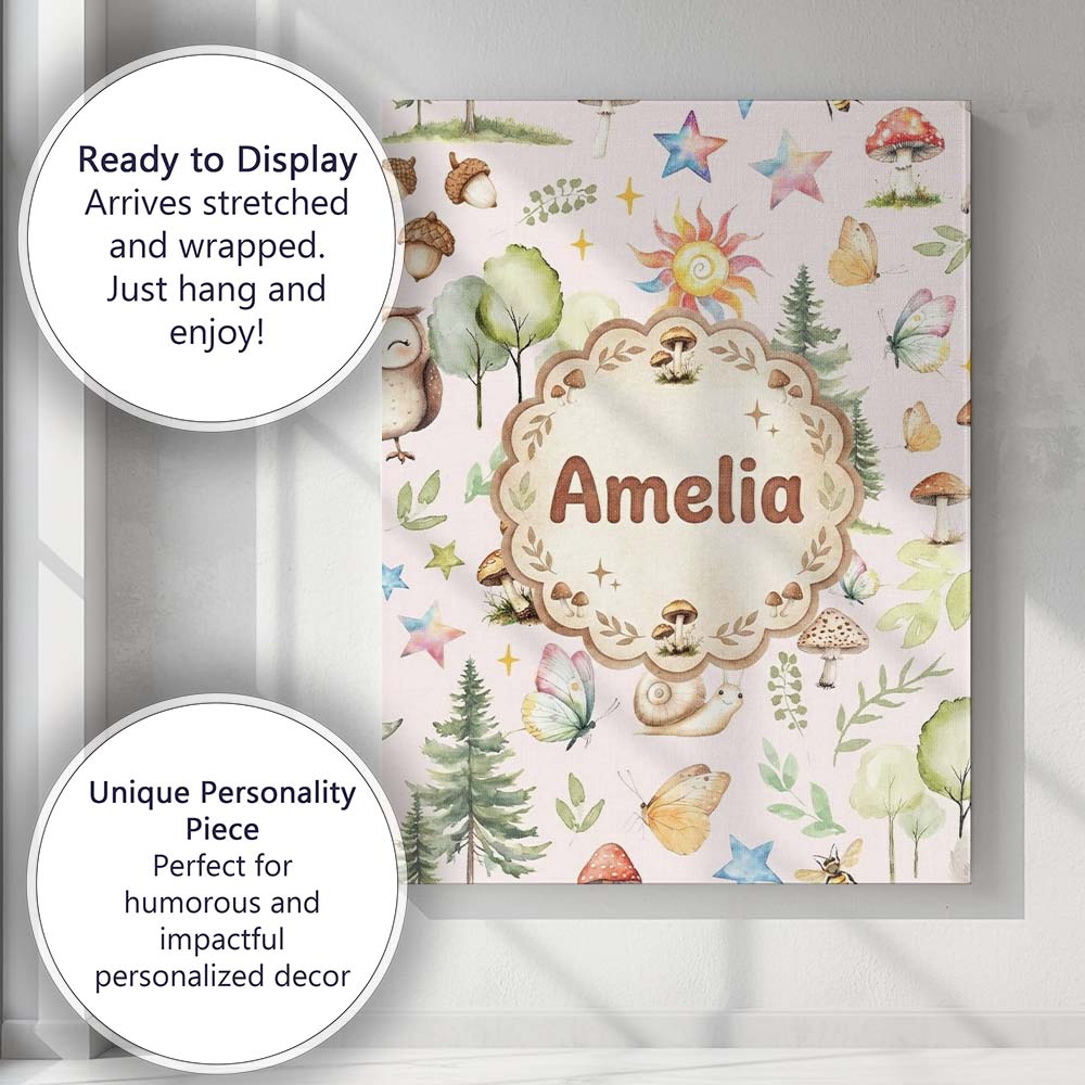 Personalised Name Woodland Deer Owl Mushrooms Custom Unique Gift Idea Modern Room Accent Canvas Wall Art Print Decor Picture Ready to Hang