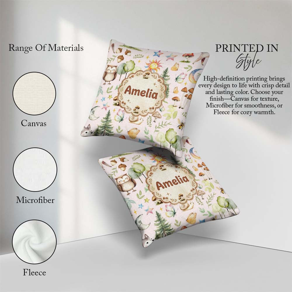 Custom Name Woodland Deer Owl Mushrooms and on Soft Pink Pattern Square Filled Cushion Throw Pillow Sofa Bed Home Decor Zip Washable UK Made