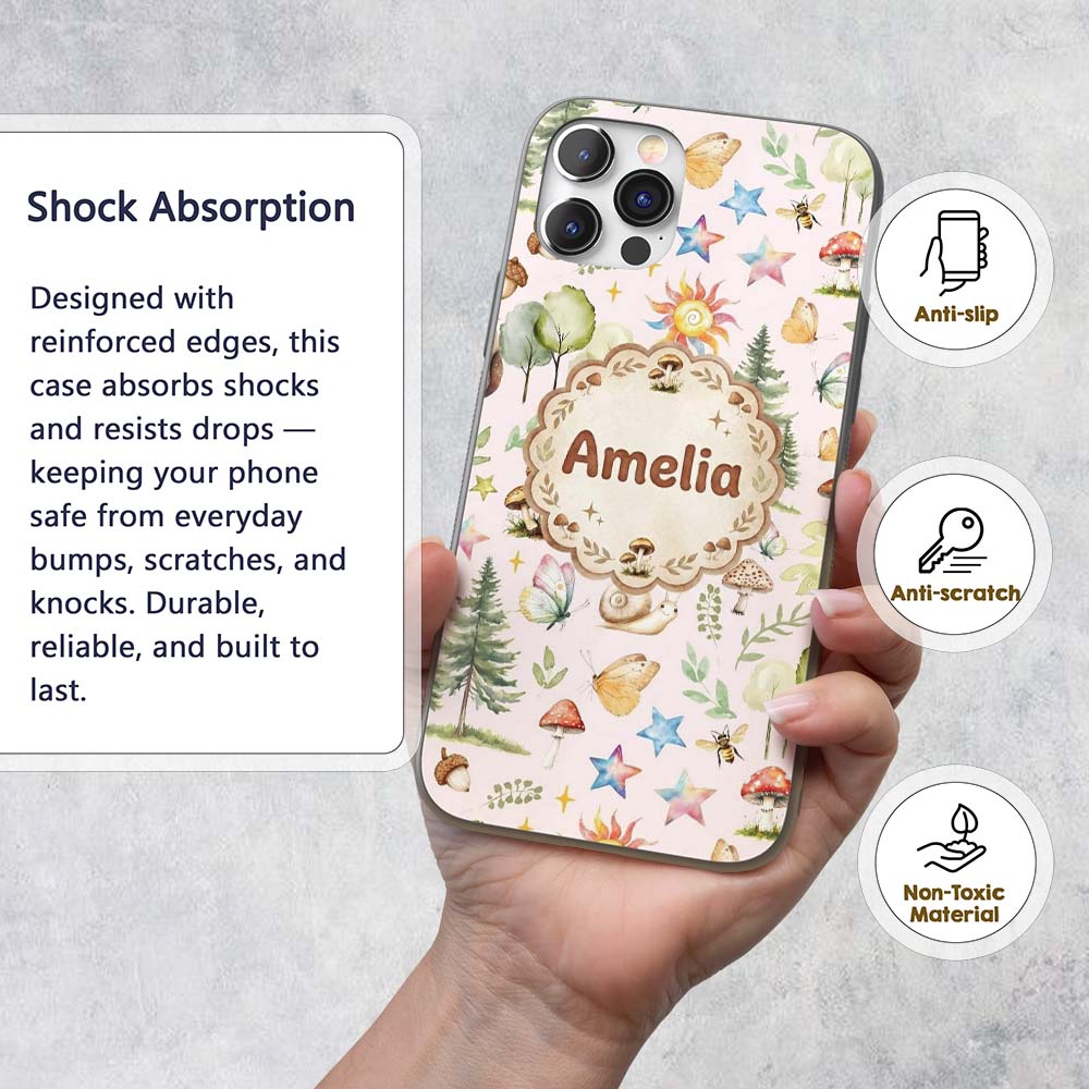 Woodland Deer Owl Mushrooms and Stars on Soft Custom Name Protective Phone Case Mobile Cover Durable Everyday Smartphone Shock Resistant