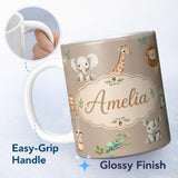 Personalized Custom Name Safari Animals with Elephant Lion and Crocodile on Warm Beige Lovely 11oz Ceramic Coffee Tea Mug White Large Handle
