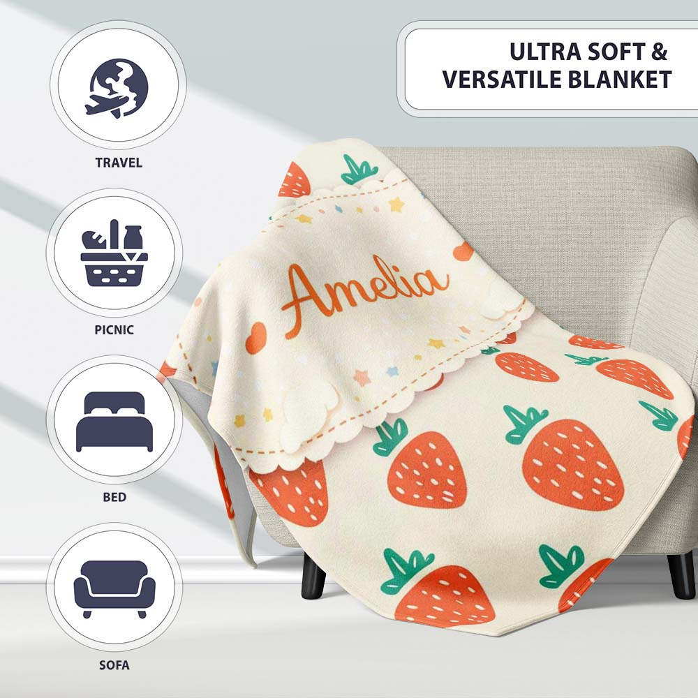 Cute Strawberry Minimal Fruit Seamless Pattern Beautiful Coffee Cup  Personalised Custom Name Super Soft Fleece Blanket Bed Sofa Throw
