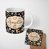 Personalized Custom Name Cute Woodland Deer Owl Mushrooms and Stars on Black Background 11oz Ceramic Coffee Tea Mug White Large Handle