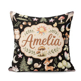 Custom Name Cute Woodland Deer Owl and Stars on Black Background Square Filled Cushion Throw Pillow Sofa Bed Home Decor Zip Washable UK Made