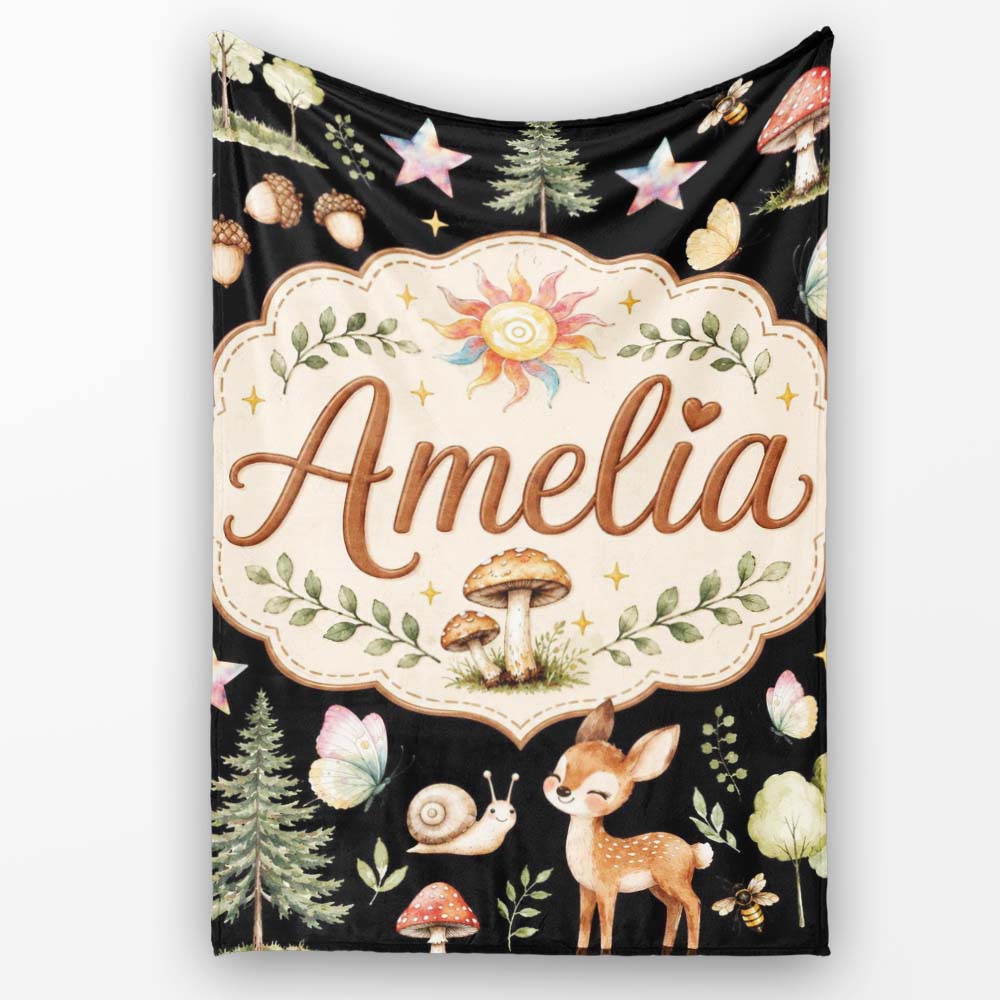 Cute Woodland Deer Owl Mushrooms and Stars on Black Background  Personalised Custom Name Super Soft Fleece Blanket Bed Sofa Throw