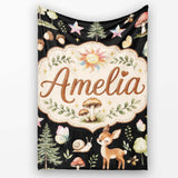 Cute Woodland Deer Owl Mushrooms and Stars on Black Background  Personalised Custom Name Super Soft Fleece Blanket Bed Sofa Throw