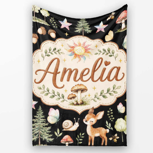 Cute Woodland Deer Owl Mushrooms and Stars on Black Background  Personalised Custom Name Super Soft Fleece Blanket Bed Sofa Throw