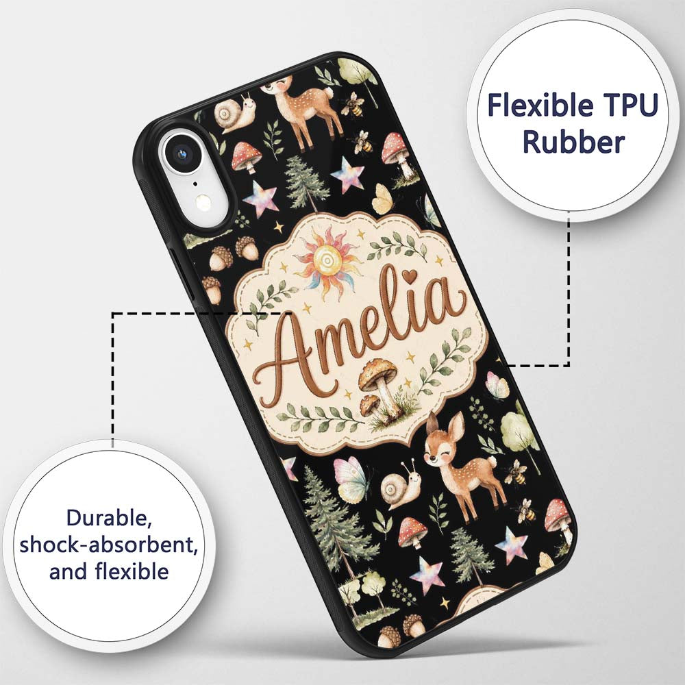Cute Woodland Deer Owl Mushrooms and Stars on Custom Name Protective Phone Case Mobile Cover Durable Everyday Smartphone Shock Resistant