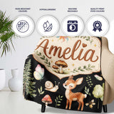 Cute Woodland Deer Owl Mushrooms and Stars on Black Background  Personalised Custom Name Super Soft Fleece Blanket Bed Sofa Throw