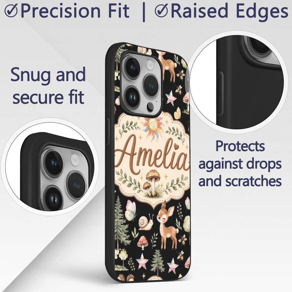 Cute Woodland Deer Owl Mushrooms and Stars on Custom Name Protective Phone Case Mobile Cover Durable Everyday Smartphone Shock Resistant