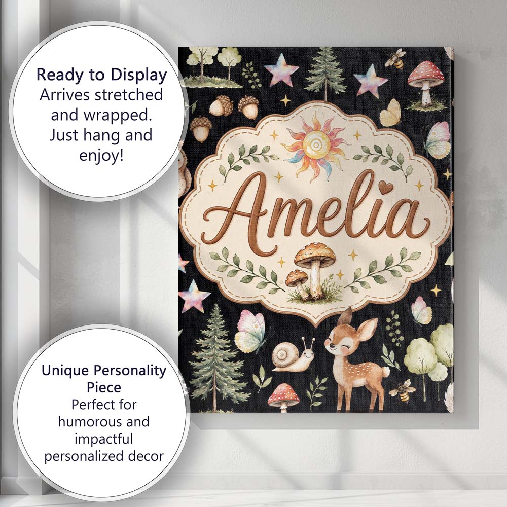 Personalised Name Cute Woodland Deer Owl Custom  Unique Gift Idea Elegant Feature Canvas Wall Art Print Decor Picture Ready to Hang