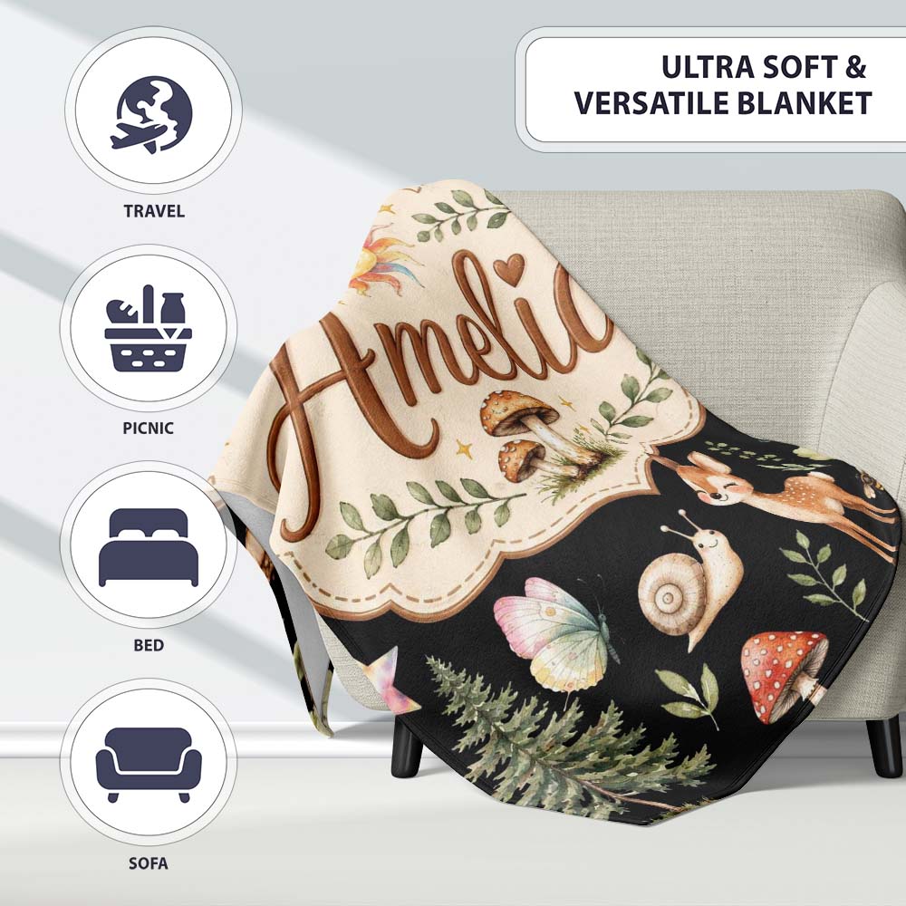 Cute Woodland Deer Owl Mushrooms and Stars on Black Background  Personalised Custom Name Super Soft Fleece Blanket Bed Sofa Throw