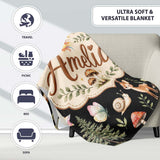 Cute Woodland Deer Owl Mushrooms and Stars on Black Background  Personalised Custom Name Super Soft Fleece Blanket Bed Sofa Throw