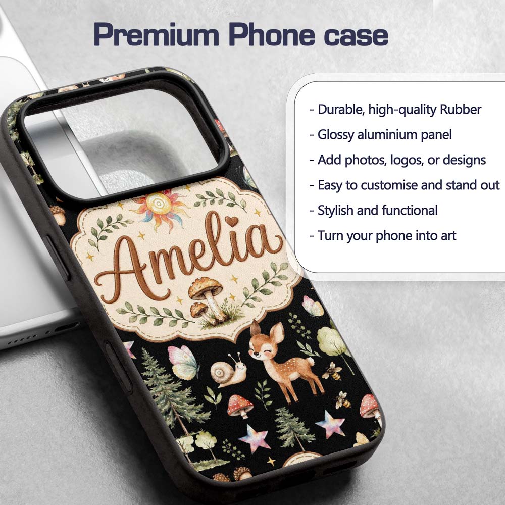 Cute Woodland Deer Owl Mushrooms and Stars on Custom Name Protective Phone Case Mobile Cover Durable Everyday Smartphone Shock Resistant