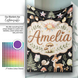 Cute Woodland Deer Owl Mushrooms and Stars on Black Background  Personalised Custom Name Super Soft Fleece Blanket Bed Sofa Throw
