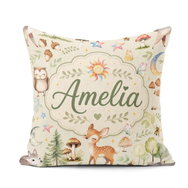 Custom Name Cute Woodland Deer Owl and Stars on Cream Background Square Filled Cushion Throw Pillow Sofa Bed Home Decor Zip Washable UK Made
