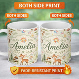 Personalized Custom Name Cute Woodland Deer Owl Mushrooms and Stars on Cream Background 11oz Ceramic Coffee Tea Mug White Large Handle
