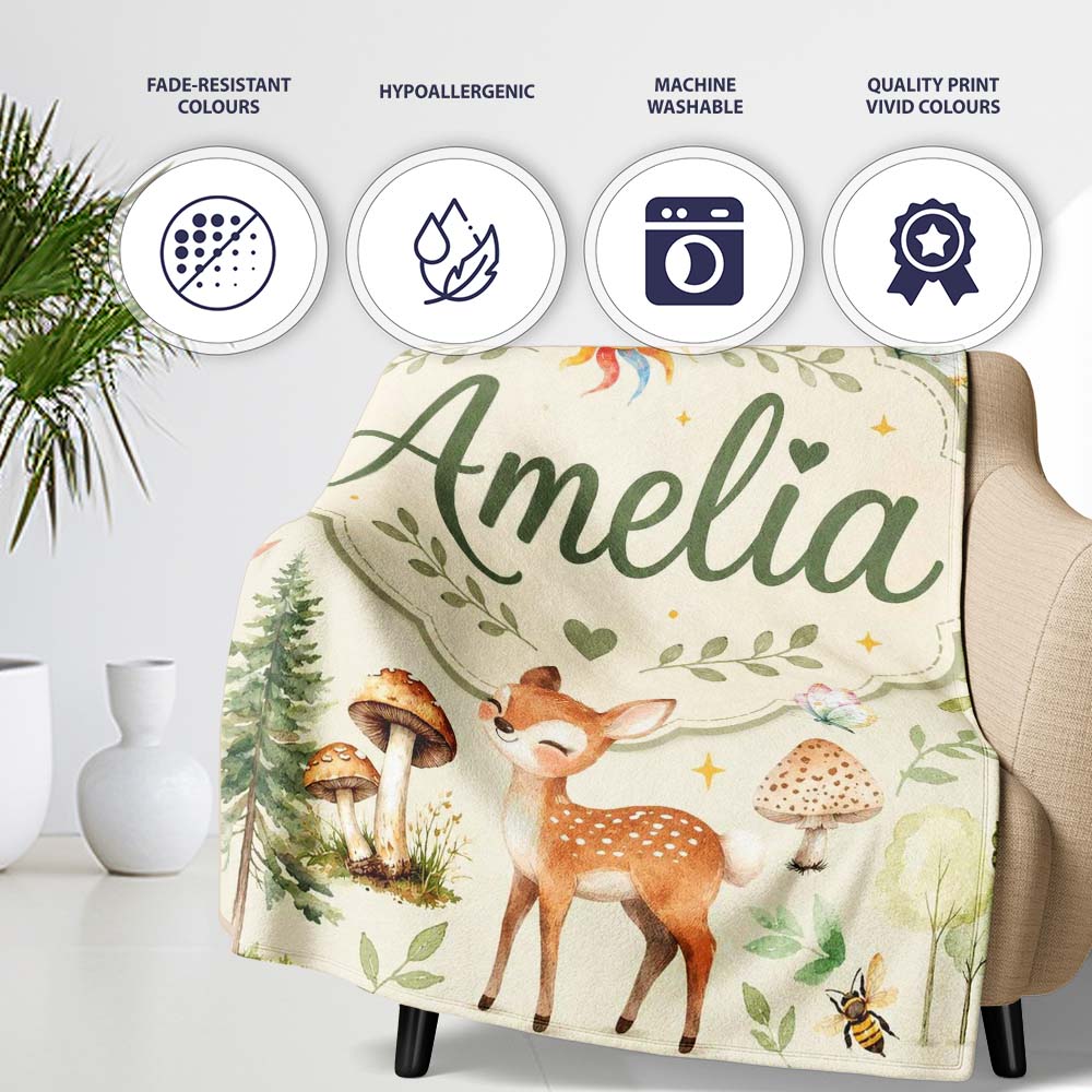 Cute Woodland Deer Owl Mushrooms and Stars on Cream Background  Personalised Custom Name Super Soft Fleece Blanket Bed Sofa Throw