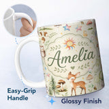 Personalized Custom Name Cute Woodland Deer Owl Mushrooms and Stars on Cream Background 11oz Ceramic Coffee Tea Mug White Large Handle