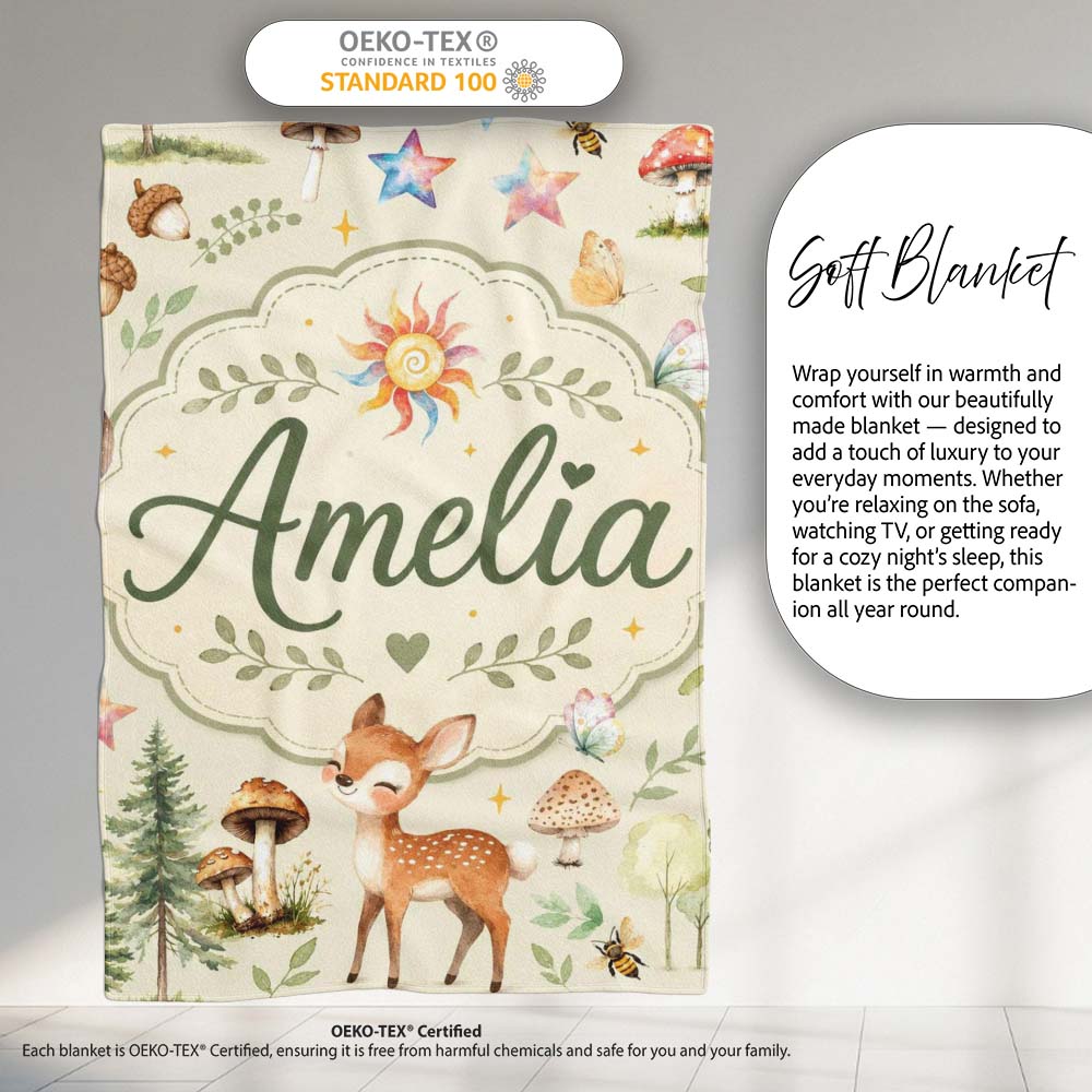 Cute Woodland Deer Owl Mushrooms and Stars on Cream Background  Personalised Custom Name Super Soft Fleece Blanket Bed Sofa Throw