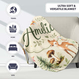 Cute Woodland Deer Owl Mushrooms and Stars on Cream Background  Personalised Custom Name Super Soft Fleece Blanket Bed Sofa Throw