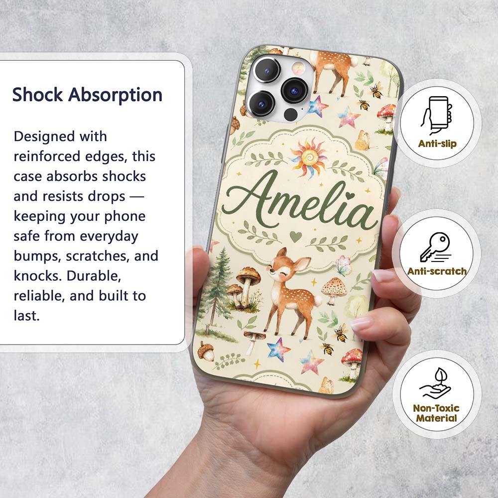 Cute Woodland Deer Owl Mushrooms and Stars on Custom Name Protective Phone Case Mobile Cover Durable Everyday Smartphone Shock Resistant