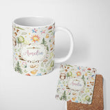 Personalized Custom Name Woodland Deer Owl Mushrooms and Stars on Light Beige Seamless 11oz Ceramic Coffee Tea Mug White Large Handle