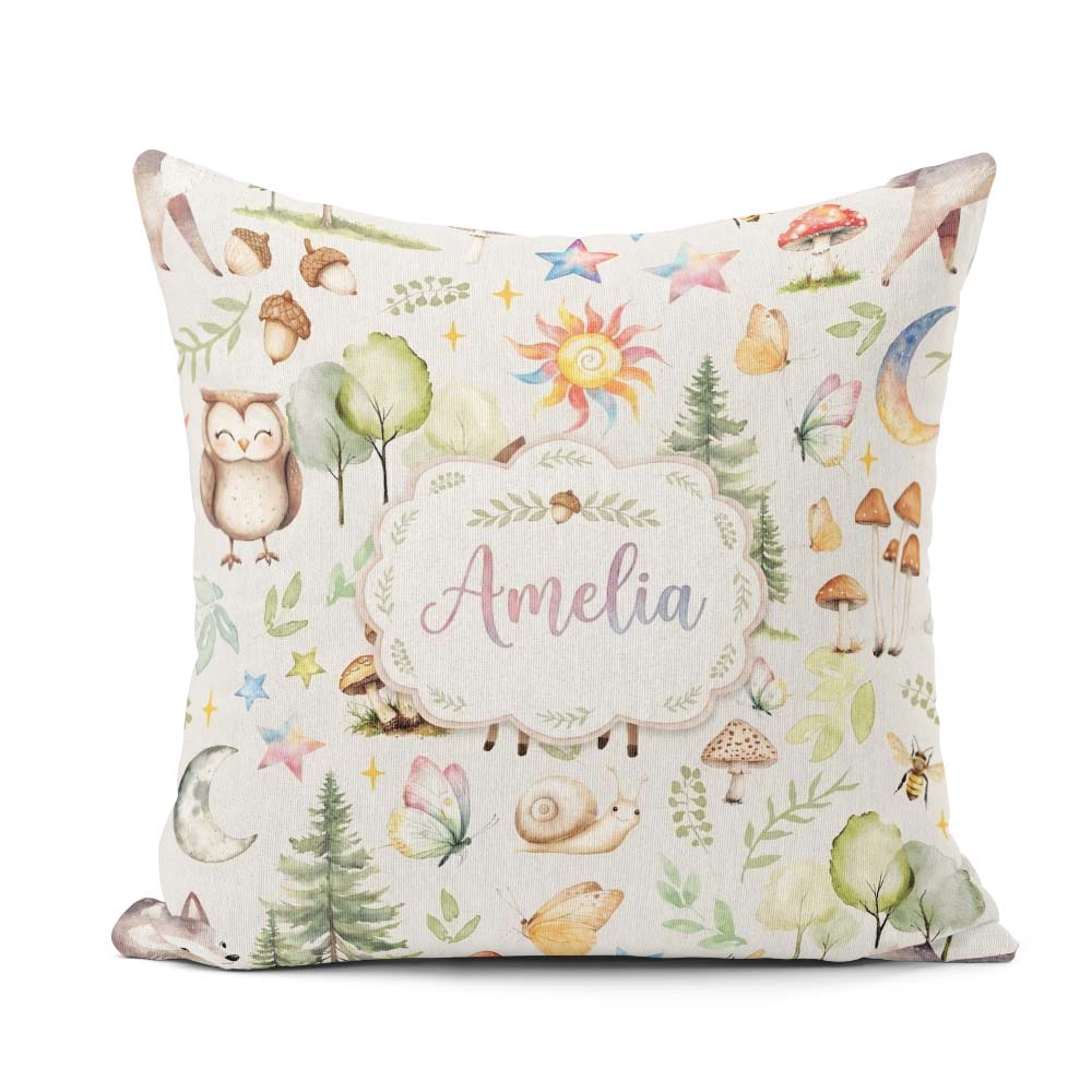 Custom Name Woodland Deer Owl Mushrooms and Stars on Light Beige Square Filled Cushion Throw Pillow Sofa Bed Home Decor Zip Washable UK Made