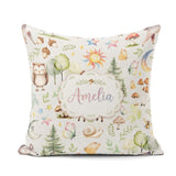 Custom Name Woodland Deer Owl Mushrooms and Stars on Light Beige Square Filled Cushion Throw Pillow Sofa Bed Home Decor Zip Washable UK Made