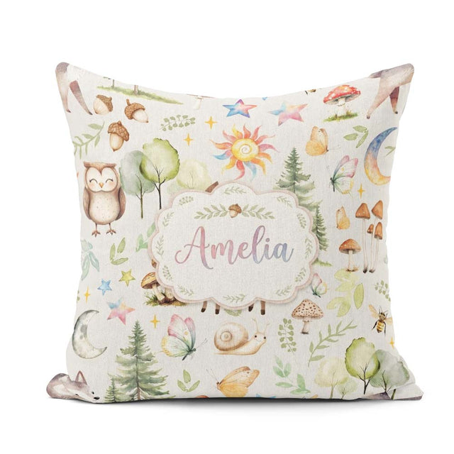 Custom Name Woodland Deer Owl Mushrooms and Stars on Light Beige Square Filled Cushion Throw Pillow Sofa Bed Home Decor Zip Washable UK Made