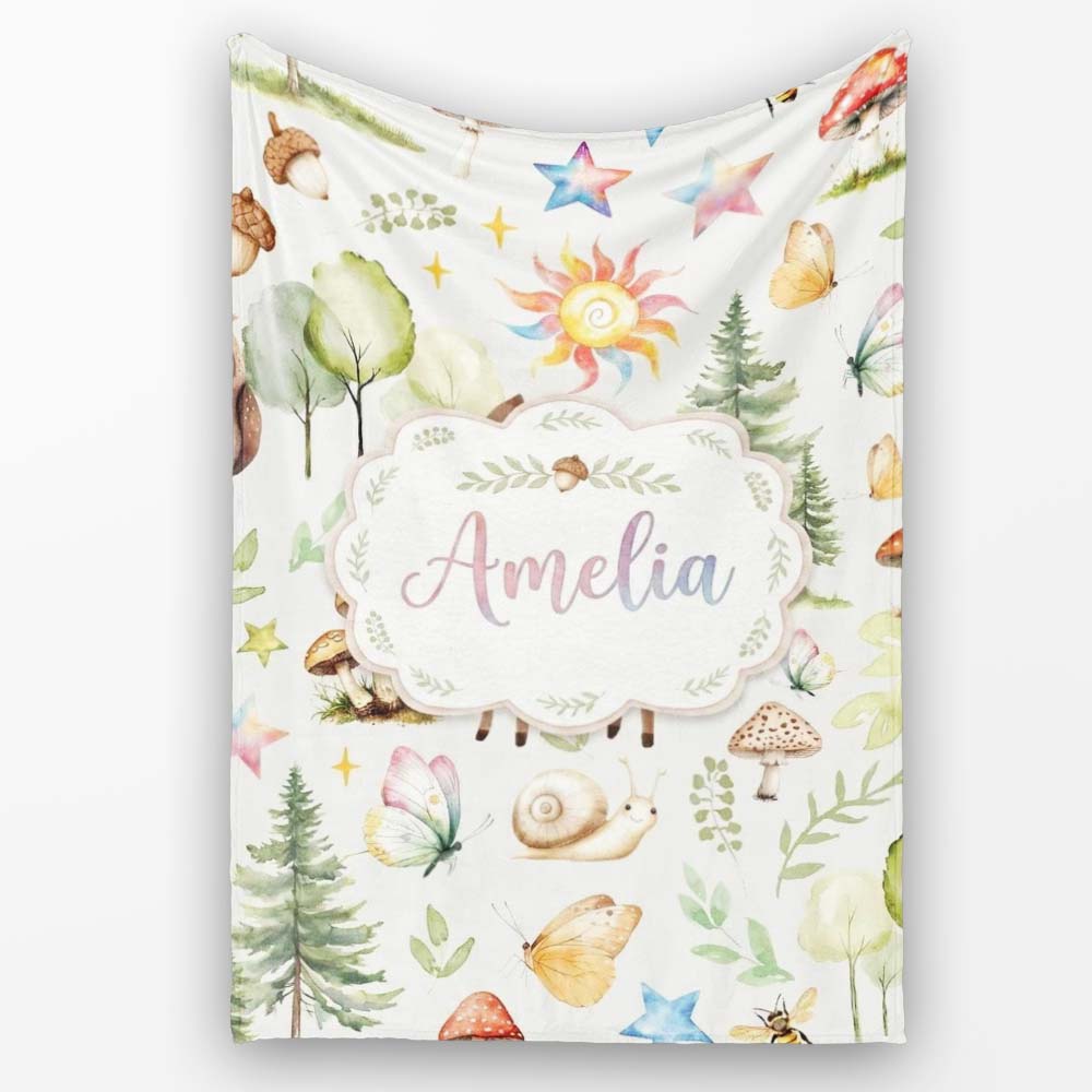 Woodland Deer Owl Mushrooms and Stars on Light Beige Seamless  Personalised Custom Name Super Soft Fleece Blanket Bed Sofa Throw