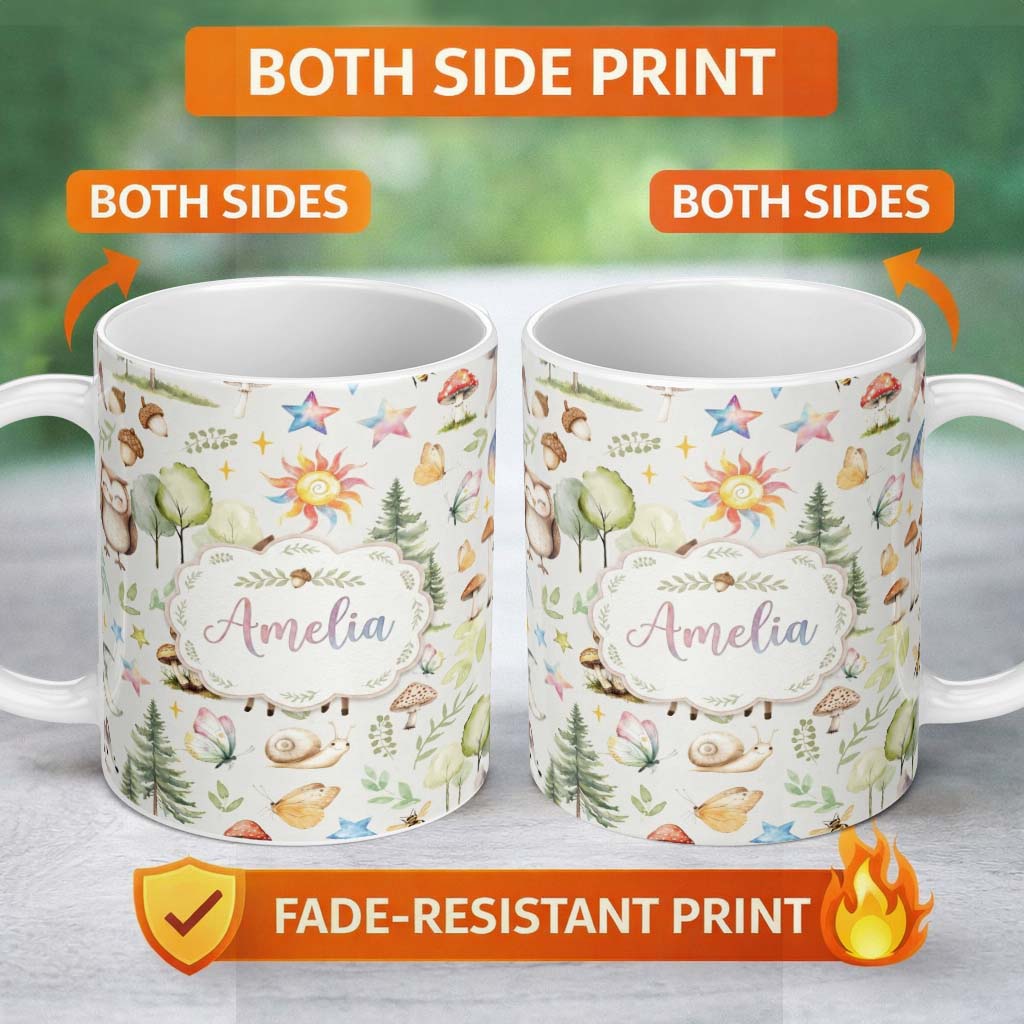Personalized Custom Name Woodland Deer Owl Mushrooms and Stars on Light Beige Seamless 11oz Ceramic Coffee Tea Mug White Large Handle