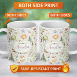 Personalized Custom Name Woodland Deer Owl Mushrooms and Stars on Light Beige Seamless 11oz Ceramic Coffee Tea Mug White Large Handle