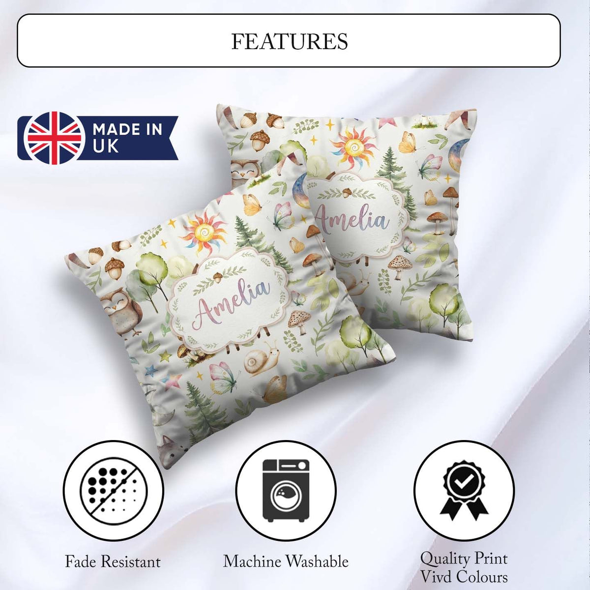 Custom Name Woodland Deer Owl Mushrooms and Stars on Light Beige Square Filled Cushion Throw Pillow Sofa Bed Home Decor Zip Washable UK Made