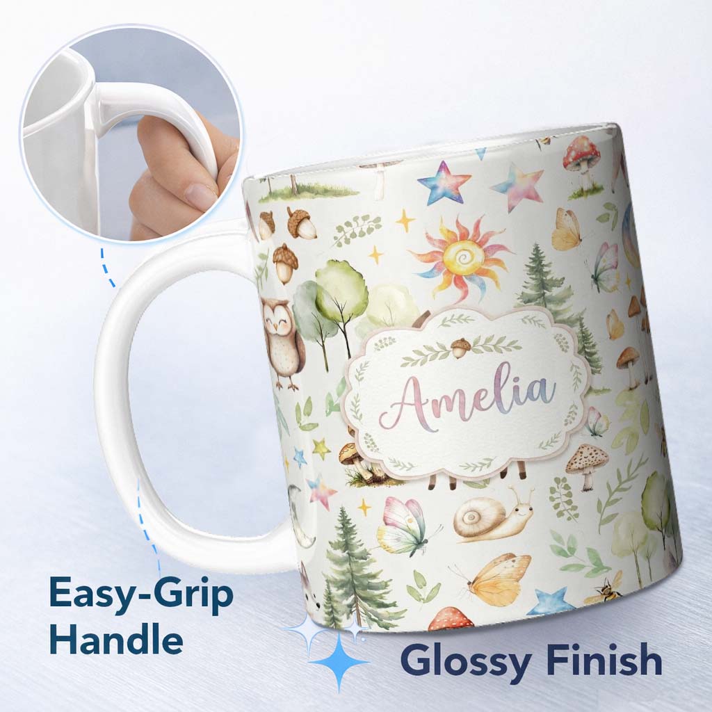 Personalized Custom Name Woodland Deer Owl Mushrooms and Stars on Light Beige Seamless 11oz Ceramic Coffee Tea Mug White Large Handle