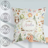 Custom Name Woodland Deer Owl Mushrooms and Stars on Light Beige Square Filled Cushion Throw Pillow Sofa Bed Home Decor Zip Washable UK Made