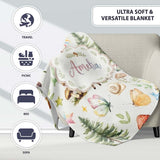 Woodland Deer Owl Mushrooms and Stars on Light Beige Seamless  Personalised Custom Name Super Soft Fleece Blanket Bed Sofa Throw