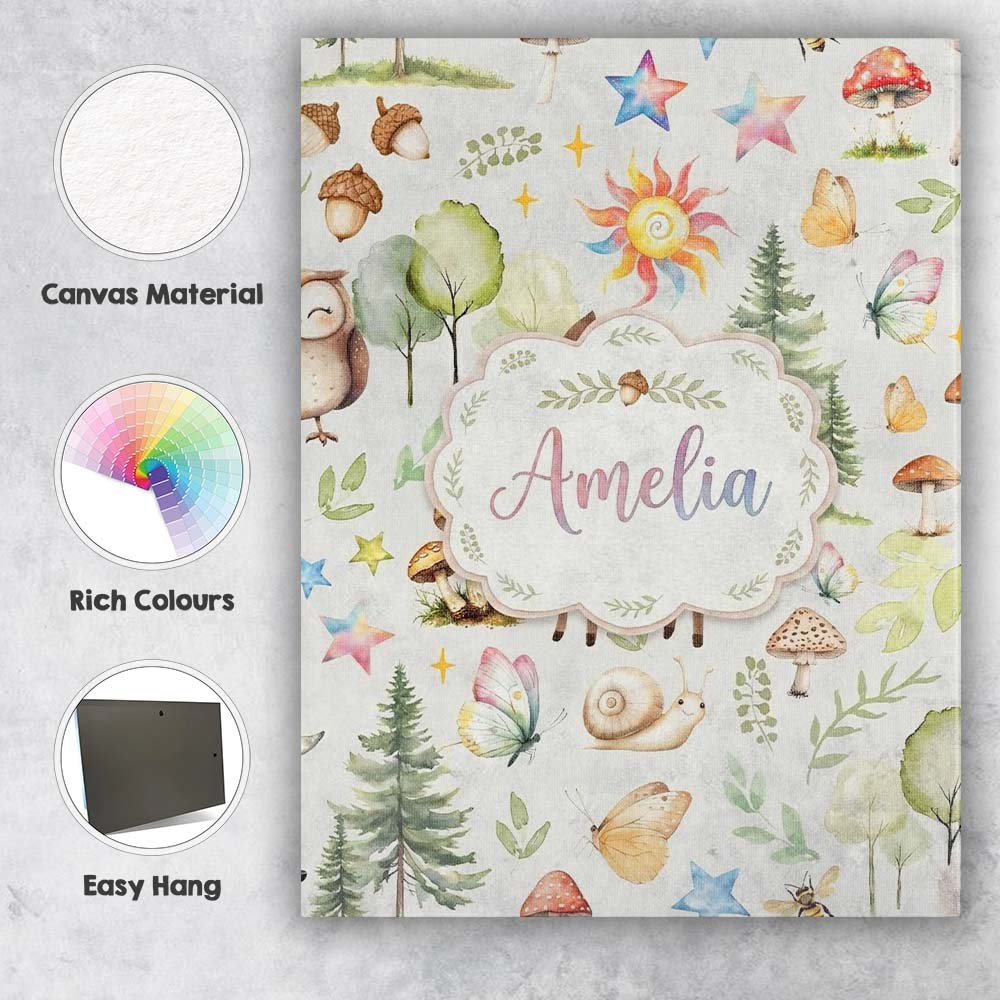 Personalised Name Woodland Deer Owl Mushrooms Custom Unique Gift Idea Modern Room Accent Canvas Wall Art Print Decor Picture Ready to Hang