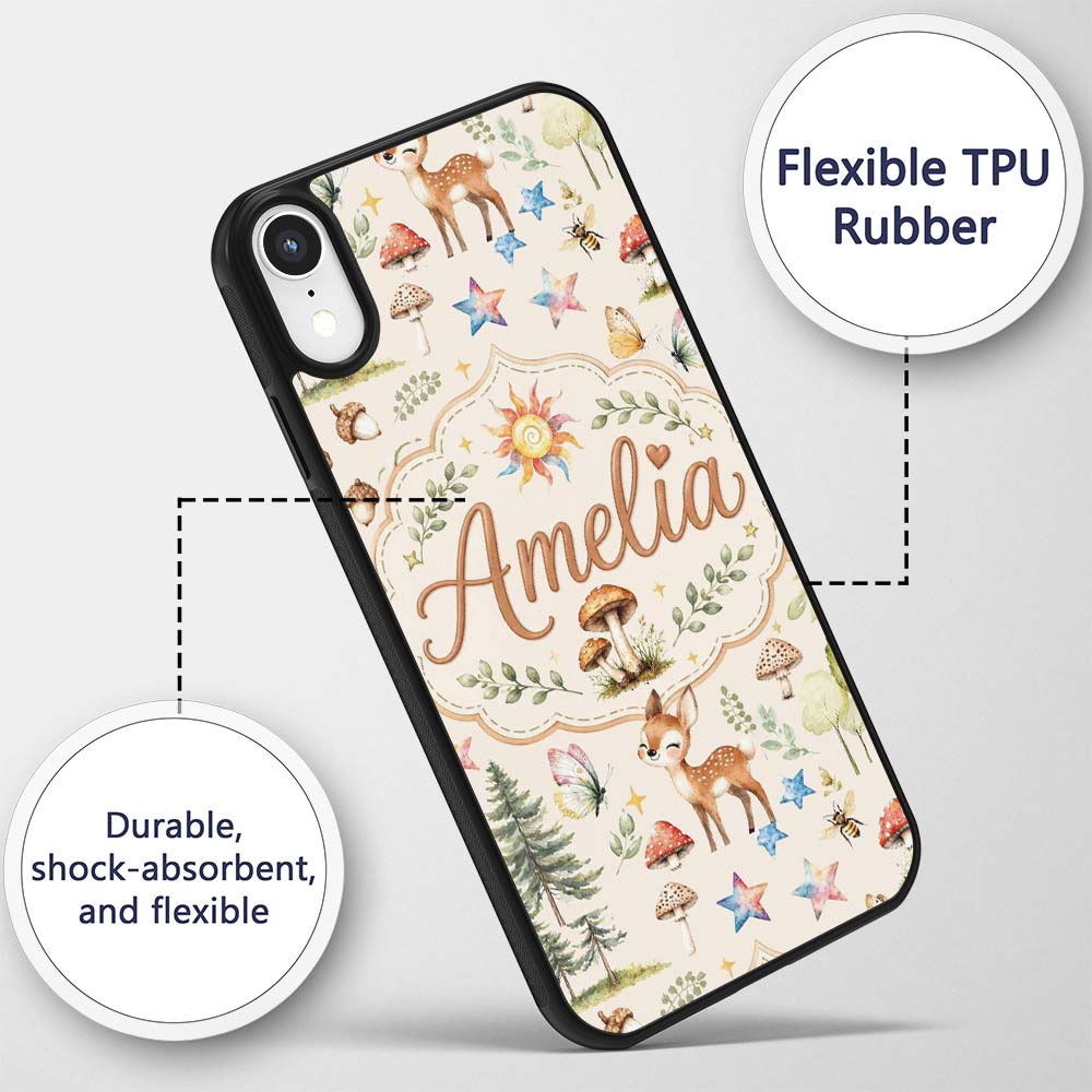 Woodland Deer Owl Mushrooms and Stars on Warm Custom Name Protective Phone Case Mobile Cover Durable Everyday Smartphone Shock Resistant