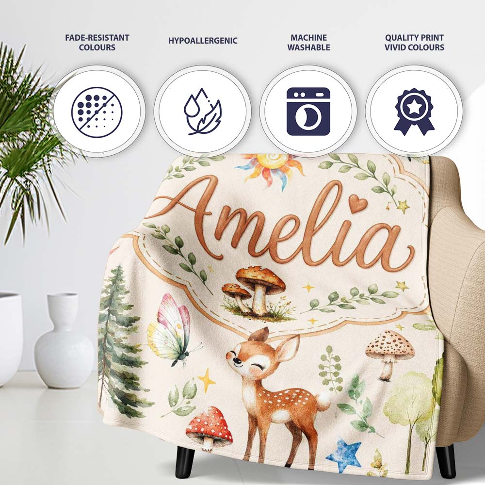 Woodland Deer Owl Mushrooms and Stars on Warm Neutral Seamless  Personalised Custom Name Super Soft Fleece Blanket Bed Sofa Throw